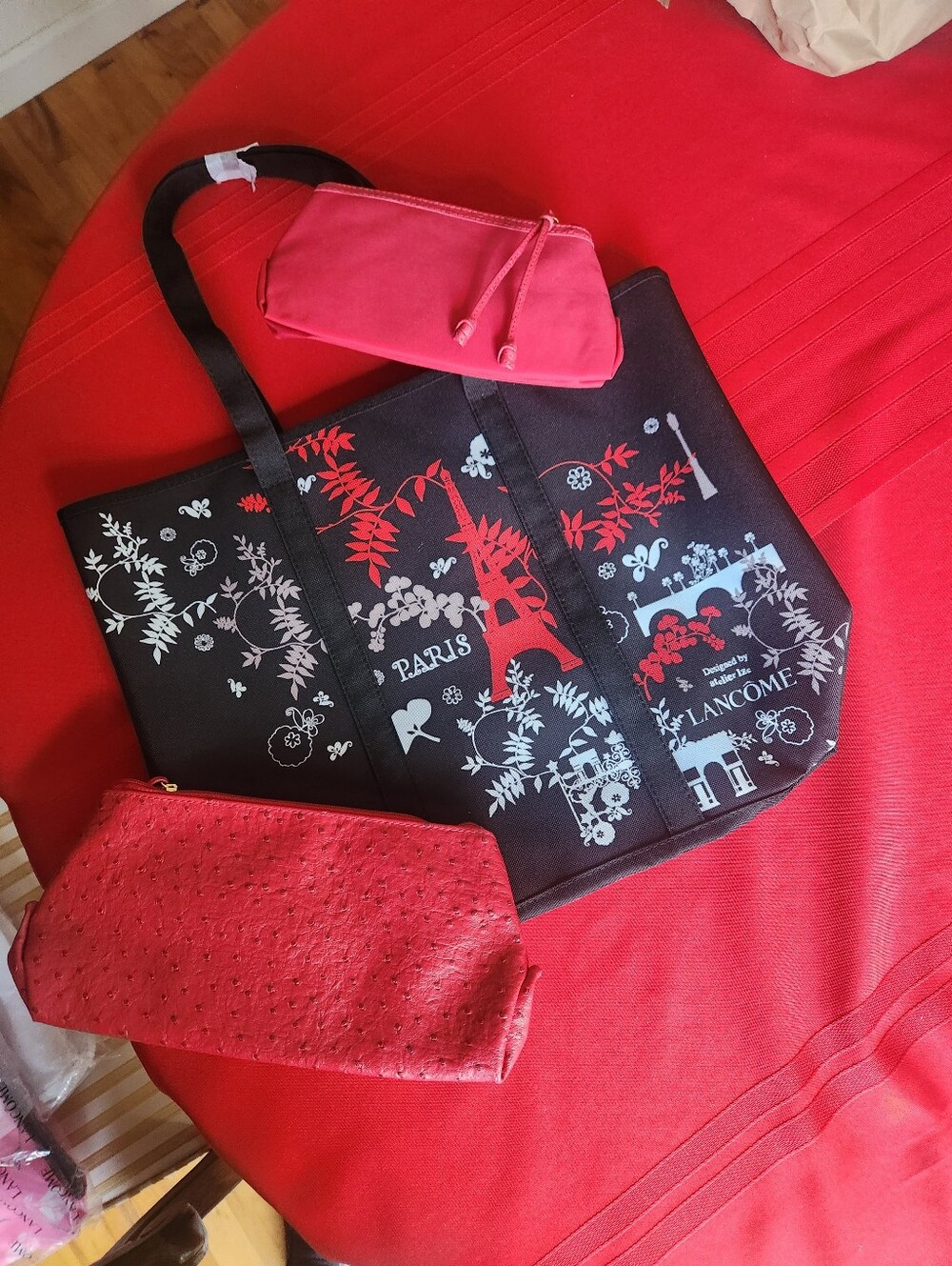 Lancôme Black Tote with Red and White Paris Design and Red Pouches